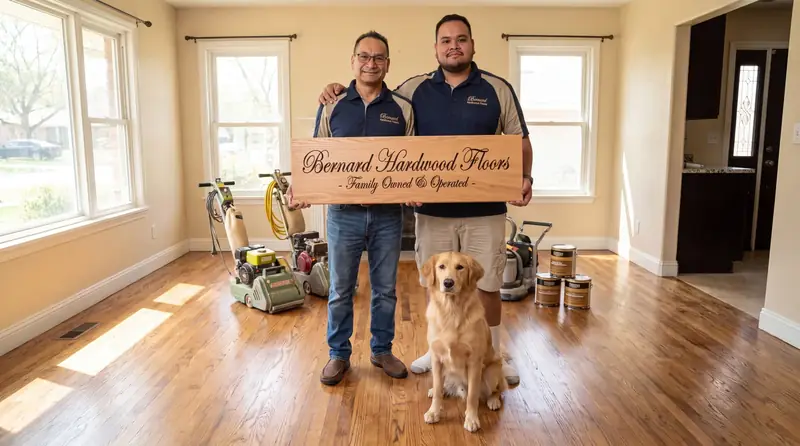 Bernard Hardwood Floors father and son owners with their dog on a refinished floor